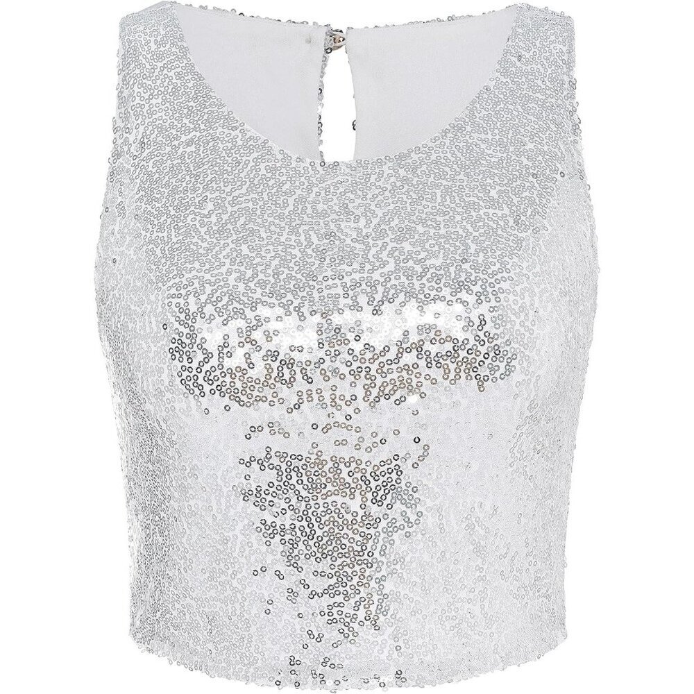 Cropped Tank Top Women Sequin Glitter Sparkle Slim Fit Summer Trendy - Picture 2 of 6